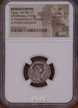 103 AD Emperor Trajan Ancient Roman Empire Silver Denarius Coin NGC XF, Annona