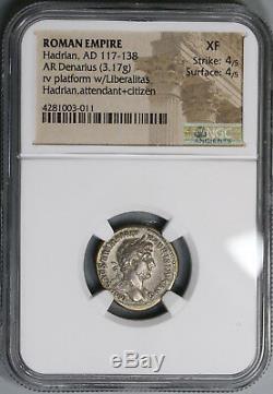 121 Hadrian Roman Empire Denarius Emperor Coin Donation Scene NGC XF (18102802C)