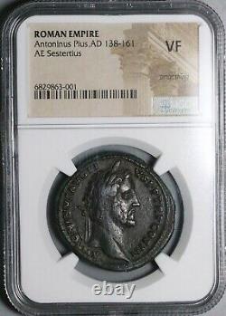 143 NGC VF Antoninus Pius Sestertius Roman Empire Victory Trophy (24032202C)