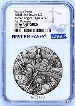 2018 P Tuvalu Warfare Roman Legion ANTIQUED 2Oz Silver $2 3D COIN NGC PF70 FR