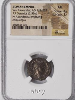 222-235 AD Roman Empire Denarius NGC AU Ancient Coin Severus Alexander