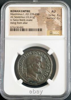 238, Roman Empire, Maximinus I. Large Bronze Sestertius Coin. NGC AU 4/5 3/5
