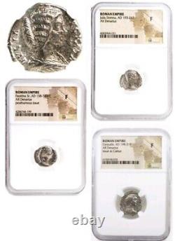 3x Roman Silver Denarius Coins NGC (F). Julia Domna, Faustina Sr, Caracalla