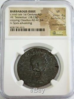 41- 54 Ad Roman V Counter Stamped Claudius Ae Sestertius Coin Ngc Very Fine