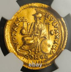 450, Eastern Roman Empire, Theodosius II. Rare Gold Solidus Coin. NGC Choice XF