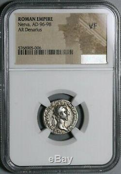 97 NGC VF Nerva Roman Empire Denarius Aequitas Scales Silver Coin (20071501C)