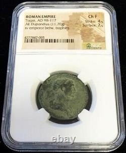 98 -117 Ad Roman Empire Trajan Ae Dupondius Trophies Coin Ngc Choice Fine