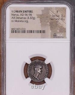 98 AD Emperor Nerva Ancient Roman Empire Silver Denarius Coin NGC F Aequitas