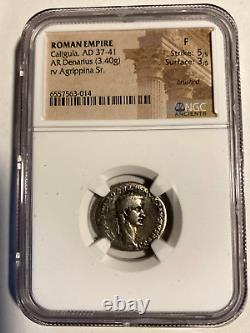 #A8085 X Rare Roman Coin Caligula AR Denarius rv Agrippina Sr. NGC F 5/5