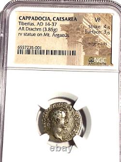 #AN23, Roman Coin, Rare, Tiberius rev. Mt. Argaeus, AR Drachm, Silver, Cappadoc. NGC VF