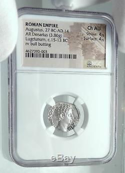 AUGUSTUS 15BC Authentic Ancient Silver Roman Coin BULL of Thourioi NGC i78040