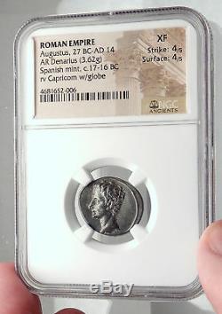 AUGUSTUS 17BC Spain Authentic Ancient Silver Roman Coin CAPRICORN NGC i72344