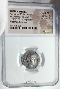 AUGUSTUS Auithentic Ancient 19BC Rome Silver Roman Coin CRESCENT STAR NGC i81771