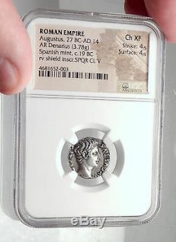 AUGUSTUS Authentic Ancient 19BC Silver Roman Coin RETURN of STANDARDS NGC i72341