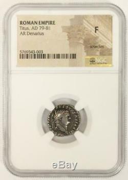 Ancient Roman Empire TITUS Silver AR Denarius Coin 79-81 AD NGC F Sol Column
