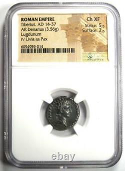 Ancient Roman Tiberius AR Denarius Silver Coin 14-37 AD. Certified NGC Choice XF