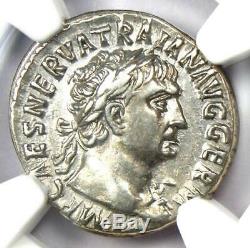 Ancient Roman Trajan AR Denarius Silver Coin 98-117 AD Certified NGC AU Rare