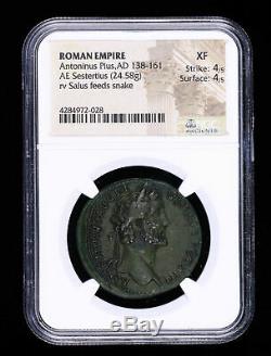 Antoninus Pius 138 161 Ad Sestertius Ancient Roman Coin Salus Feeds Snake N