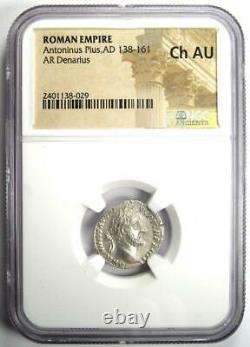 Antoninus Pius AR Denarius Silver Roman Coin 138-161 AD. Certified NGC Choice AU