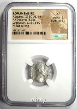 Augustus AR Denarius Bull Coin 27 BC 14 AD (Lugdunum). Certified NGC XF (EF)
