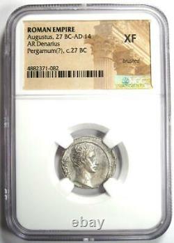 Augustus AR Denarius Bull Coin 27 BC 14 AD (Pergamum). Certified NGC XF (EF)