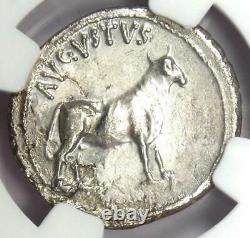 Augustus AR Denarius Bull Coin 27 BC 14 AD (Pergamum). Certified NGC XF (EF)