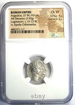 Augustus AR Denarius Coin 15-13 BC (Apollo Reverse) NGC Choice VF (Very Fine)