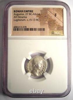 Augustus AR Denarius Coin 27 BC 14 AD, Lugdunum Certified NGC Fine