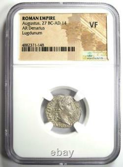 Augustus AR Denarius Coin 27 BC- 14 AD (Lugdunum) Certified NGC VF (Very Fine)