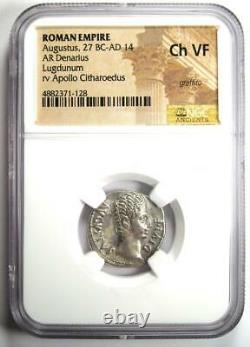 Augustus AR Denarius Coin 27 BC 14 AD (Lugdunum Mint). Certified NGC Choice VF