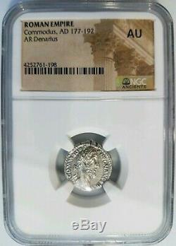 Commodus Roman Empire AD 177-192 NGC AU Silver AR Denarius Angel Ancient Coin