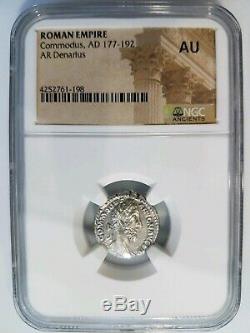 Commodus Roman Empire AD 177-192 NGC AU Silver AR Denarius Angel Ancient Coin