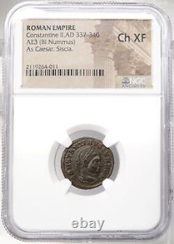 Constantine II son of the Great NGC Choice XF. CAESARVM NOSTRORVM Wreath. Coin