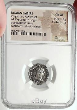 Divus VESPASIAN 80AD Ancient Silver Roman Coin of TITUS w CAPRICORNS NGC i68164
