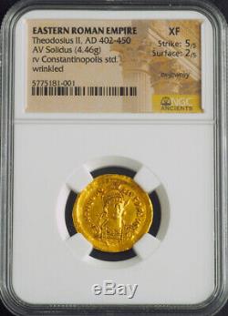 Easter Roman Empire, Theodosius II (402-450 AD) Gold Solidus Coin. NGC XF 5/2