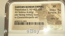 Eastern Roman Empire, Theodosius II (402-450 AD) Gold Solidus Coin. NGC XF 4/3