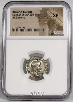 GORDIAN III. Pietas NGC Certified XF RARE in RIC #129 Roman Empire Denarius Coin
