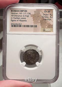 HADRIAN 134AD RESTITVTORI HISPANIAE NGC Certified XF Silver Roman Coin i57436