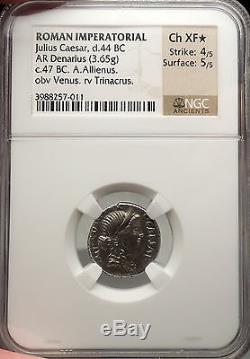 JULIUS CAESAR Authentic Ancient Silver NGC Certified Ch XF Roman Coin Trinacrus