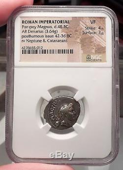 Julius Caesar Enemy Pompey the Great son Sextus NGC VF Silver Roman Coin i57693