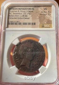 Julius Caesar/Octavian Ancient Coin NGC VG Roman Imperatorial 38BC AE Sestertius