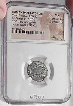 MARK ANTONY & Cleopatra 31BC Actium SHIP LEG XX Ancient Silver Roman Coin NGC MS