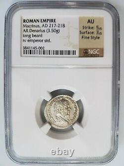 Macrinus Roman Empire AD 217-218 NGC AU Silver Denarius Long Beard Ancient Coin