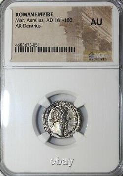 Marcus Aurelius 161-180 AD AR Silver Denarius Rome NGC AU Ancient Roman Coin