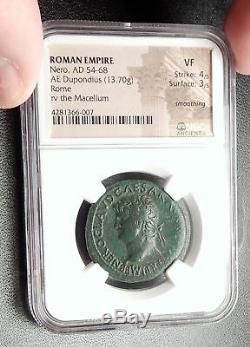 NERO 65AD Dupondius MACELLUM MAGNUM Market Genuine Ancient Roman Coin NGC i66638