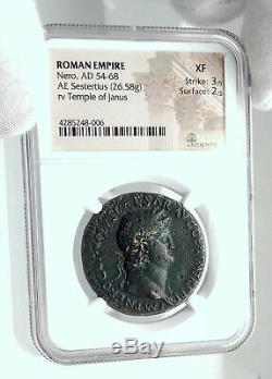 NERO Authentic Ancient ROME Sestertius 65AD Roman Coin w JANUS TEMPLE NGC i78890