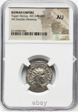 NGC AU 249-251 Roman Empire Trajan Decius Caesar Denarius Silver Coin, SHARP