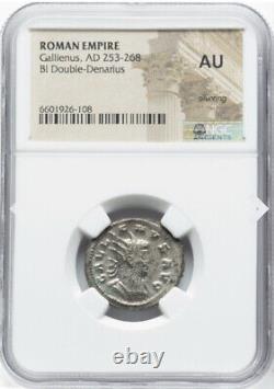 NGC AU Caesar Gallienus 253-268 AD, Roman Empire Rome Bi Double Denarius Coin