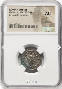 NGC AU Caesar Gallienus 253-268 AD, Roman Empire Rome, RARE Double Denarius Coin
