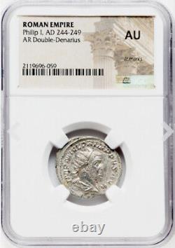 NGC AU Caesar Philip I the Arab 244-249 AD, Roman Empire AR Double Denarius Coin
